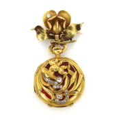 Art Nouveau CH Meylan Old Mine Cut Diamond & Enamel 18K Gold Pocket Watch & Fob DK4-9