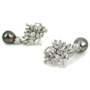 Vintage 5.33ct Diamond & 9.6mm Tahitian Pearl 18K Godl Drop Earrings SM6-5