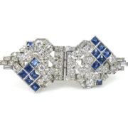 Art Deco Gillot & co 3.50ct Diamond & 3.0ct French Cut Sapphire Platinum Double Clip Brooch BC38-2