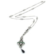 Art Deco 2.50ct Diamond 1.0ct Emerald & Onyx Platinum Filigree Necklace BC38-3