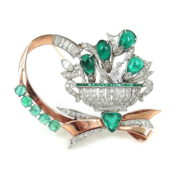 Vintage 2.75ct Diamond & 8.50ct Emerald Platinum & 14K Rose Gold Bouquet Brooch ZC13-6