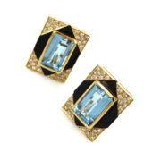 Vintage 1.20ct Diamond 12.0ct Aquamarine & Onyx 18K Yellow Gold Clip Earrings ZC13-16