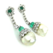 Antique 13.50ct French Cut Diamond 6.0ct Emerald & Pearl Platinum Drop Earrings SM11-5
