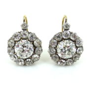 Antique 7.75ct Old Mine Cut Diamond Silver & 18K Gold Cluster Earrings KNT1-6