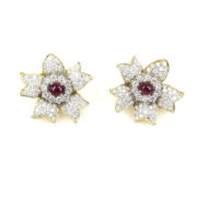Vintage 4.50ct Diamond & 1.0ct Cabochon Cut Ruby 14K Yellow Gold Flower Earrings MH12-8