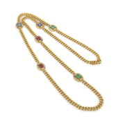 Vintage Diamond Sapphire Ruby & Emerald Cuban Link Long Necklace SM16-7