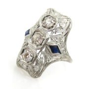 Antique 0.75ct Old Mine Cut Diamond & 0.30ct Sapphire Platinum Ring ED28-4