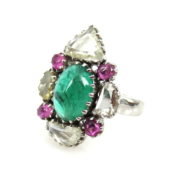 Vintage Rose Cut Diamond Emerald & Pink Sapphire 18K Gold Ring AN227-1