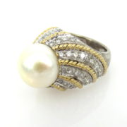 Vintage 12mm Pearl & 2.40ct Diamond Platinum & 18K Yellow Gold Decorated Dome Ring DB6-2