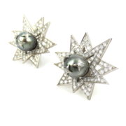 Estate 7.50ct Diamond & South Seas Tahitian Pearl Platinum Star Earrings OA24-3