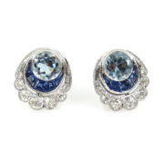 Estate 0.48ct Diamond 0.80ct Aquamarine & 0.30ct Sapphire 18K White Gold Flower Earrings DB6-5