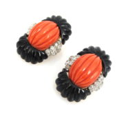 1960’s 2.80ct Diamond Natural Coral & Onyx 18K Yellow Gold Carved Clip Earrings OA24-6