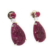 Estate 14.50ct Carved Ruby & 0.28ct Diamond 18K White Gold Dangling Earrings  DB5-6
