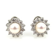 Estate 1.40ct Diamond & 6.7mm Pearl 18K White Gold Piece Clip Earrings AN227-8