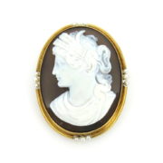 Antique Agate Cameo Natural Seed Pearls 14K Yellow Gold Brooch DB6-8