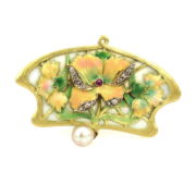 Antique Art Nouveau Diamond Ruby & Pearl Plique A Jour 18K Gold Pendant Brooch DB4-15