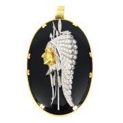 Vintage Diamond & Onyx 18K White & Yellow Gold Large Indian Pendant DB5-13