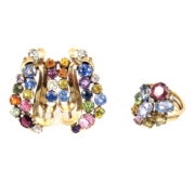 Vintage 12.50ct Fancy Multi Color Sapphire & Diamond 14K Yellow Gold Ring & Brooch Set DB5-24