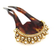 Antique Natural Pearl & Tortoise Shell 18K Gold Large Size Hair Clip DB5-26