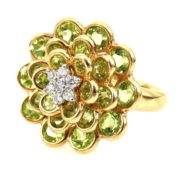 Unique 4.78ct Peridot & 0.16ct Diamond 18K Yellow Gold Spinning Flower Ring RO10-4