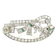 Antique Art Deco 4.50ct Diamond & Emerald Filigree Decorated Platinum Pendant Brooch RS3-006