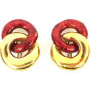 Vintage Burgundy Red Enamel & 18K Yellow Gold Link Design Clip Earrings A&N 231-008