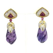 Vintage 3.50ct Diamond 2.0ct Ruby & 60.0ct Amethyst 18K Yellow Gold Dangling Drop Earrings OA27-009