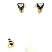 Vintage 2.75ct Diamond & Onyx 18K Yellow Gold Chevron Earrings & Ring Set OA27-010