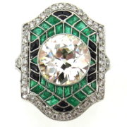 Antique 3.20ct European Cut Diamond 1.50ct Emerald & Onyx Platinum Ring WN40-010
