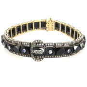 Antique 4.50ct Rose Cut Diamond Moonstone & Onyx Silver & Gold Bracelet Rami28-001