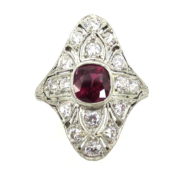 Antique 1.50ct Ruby & 1.0ct Old Mine Cut Diamond Filigree Decorated Navette Ring Rami28-002