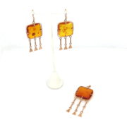 Vintage Natural Amber & 14K Yellow Gold Dangling Drop Earrings & Pendant Set JW65-002