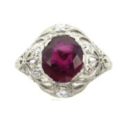 Vintage 3.01ct Ruby & 0.36ct Old Cut Diamond Hand Carved Platinum Ring Rami28-003