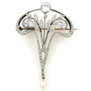 Antique 1.50ct European Cut Diamond & Natural Pearl Platinum & Gold Pin Brooch WN42-005