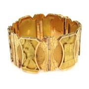 Vintage Peruvian Revival 18K Yellow & Green Gold Hand Carved Wide Bracelet WN41-006