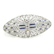 Vintage 6.60ct European Cut Diamonds & 0.56ct Sapphire 18K White Gold Oval Shape Brooch WN42-009