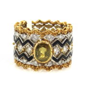 Vintage 0.70ct Peridot 0.60ct Diamond Enamel 18K Gold Hand Carved Band Size 5.25 WN42-015