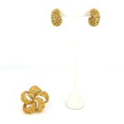 Vintage Hand Made Free Form 18K Yellow Gold Earrings & Flower Brooch Set  WN42-019