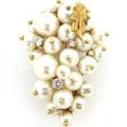 Vintage 0.44ct Diamond & Pearl 18K Yellow Gold Hand Carved Grape Brooch A&N 237-004