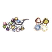 Antique Natural Multi Color Sapphire Diamond & Pearl 14K Gold Clover & Flower Pin Brooch Set MH15-004