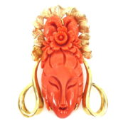 Vintage Frost Hand Carved Natural Untreated Coral & 18K Yellow Gold Pendant Brooch A&N239-005