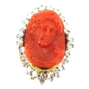 Vintage 3.50ct Diamond & Coral Cameo 14K Gold Hand Made Ring A&N239-006