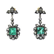 Antique GIA Certified 3.0ct Colombian Emerald & Old Mine Diamond Silver & 14K Gold Earrings WN-47