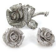 Estate 20.0ct Diamond & 18K White Gold Rose Flower Earrings & Brooch Set BR 23-01-Emi