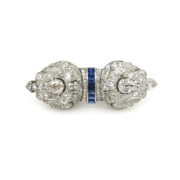 Art Deco 13.50ct Old Mine Cut Diamond & 1.50ct Sapphire Platinum Double Clip Brooch KN 22-01-47