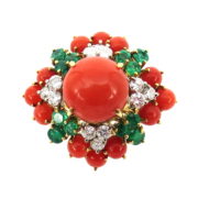 Vintage Natural Coral 0.72ct Diamond & 0.85ct Emerald 18K Yellow Gold Cluster Ring OA 38-06-47