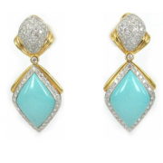 Vintage 10.0ct Diamond & Natural Turquoise 18K White & Yellow Gold Drop Earrings OA 42-02-47
