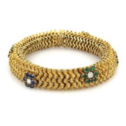 Vintage 3.60ct Emerald & Sapphire 1.0ct Diamond 18K Yellow Gold Studded Bracelet OA 44-02-47