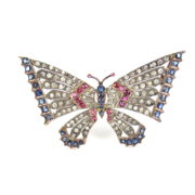 Antique 4.0ct Old Cut Diamond 4.50ct Ruby & Sapphire Silver & Gold Butterfly Brooch WN 52-01-47