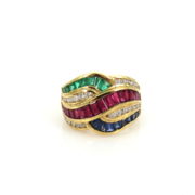 Estate AGC 2.25ct Diamond Ruby Sapphire & Emerald 18K Gold Geometric Ring JW 77-03-47